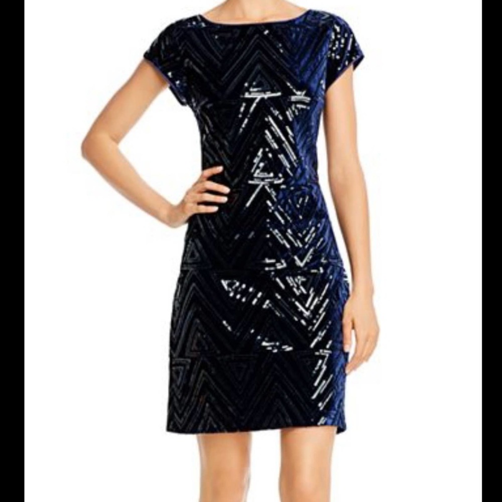 Eliza J Sequin Velvet Sheath Dress Navy High Neck Short Sleeve Mini Size 6
